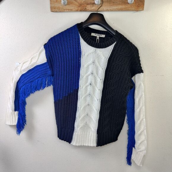 Nwt free Generation Sweater Sz S Fringe Sleeve Color Block Blue Black New - Picture 11 of 14